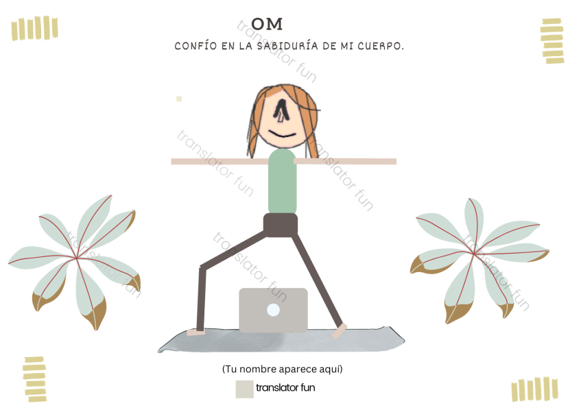 Traductora haciendo yoga. Postura del Guerrero 2