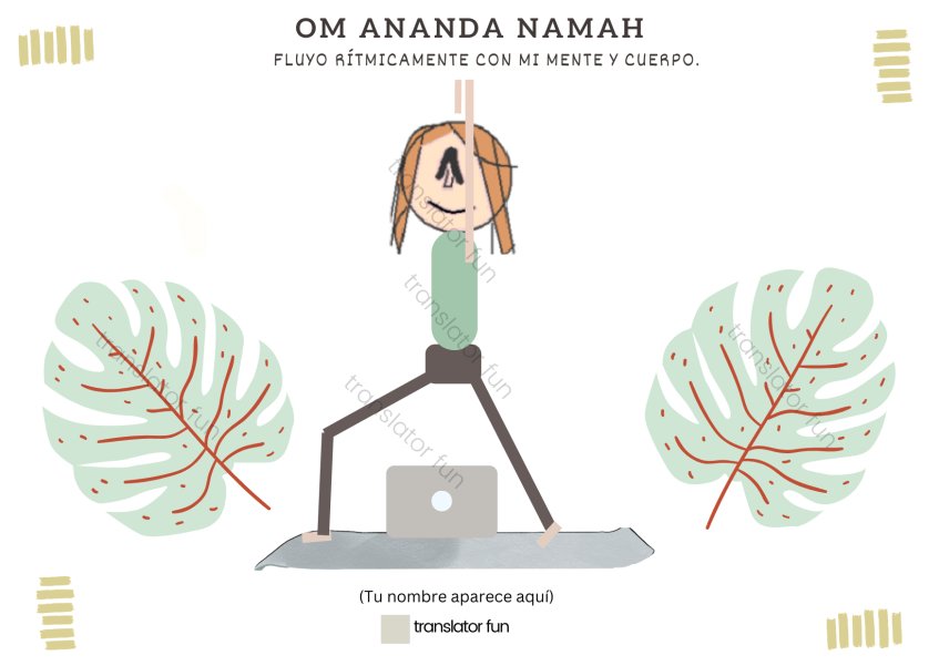 Traductora haciendo yoga. Postura del Guerrero 1